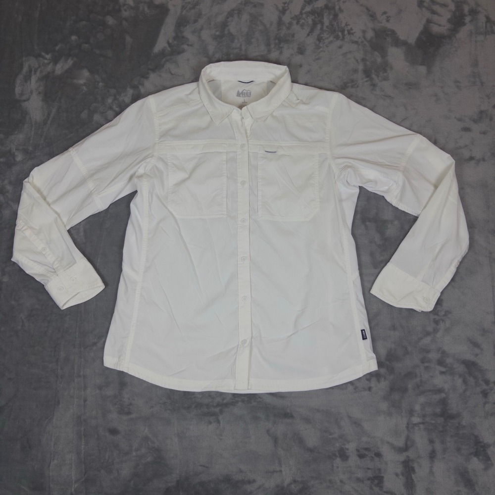 REI Co-op Button Down Shirt Womens Large White Sahara Hiking Outdoor Long Sleeve